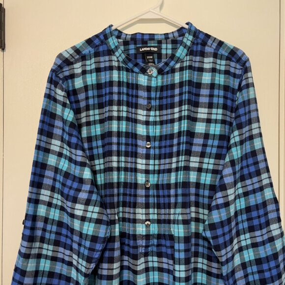Lands' End Womens Plus Blue Plaid Popover Flannel Pintuck Tunic Shirt Top 20W/2X - Picture 3 of 11